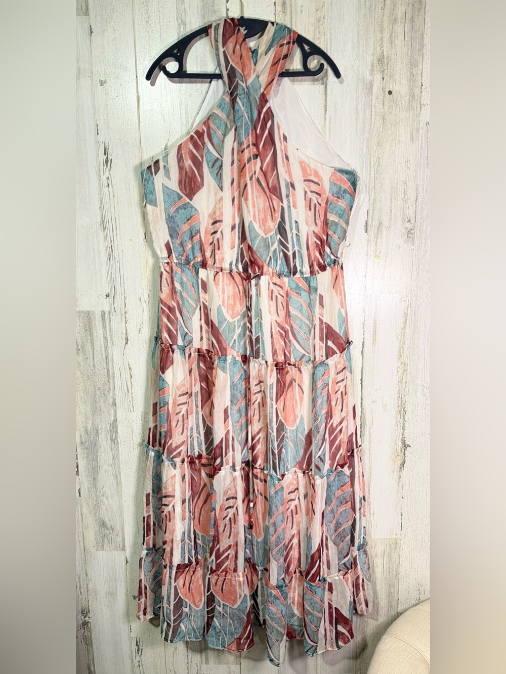 INC Tropical Palm Print Crisscross Halter Tiered Maxi Dress XL Extra Large - Picture 4 of 11